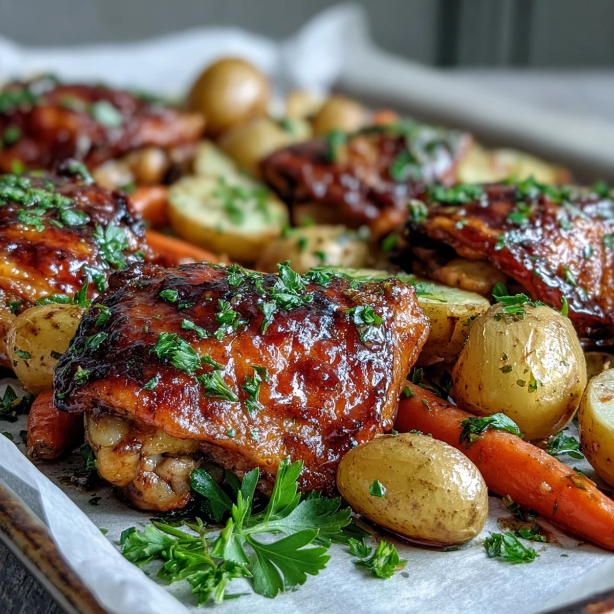 Tender One-Pan Honey Mustard Chicken and Carrot Sheet Pan Dinner glazed and golden, served with roasted potatoes.