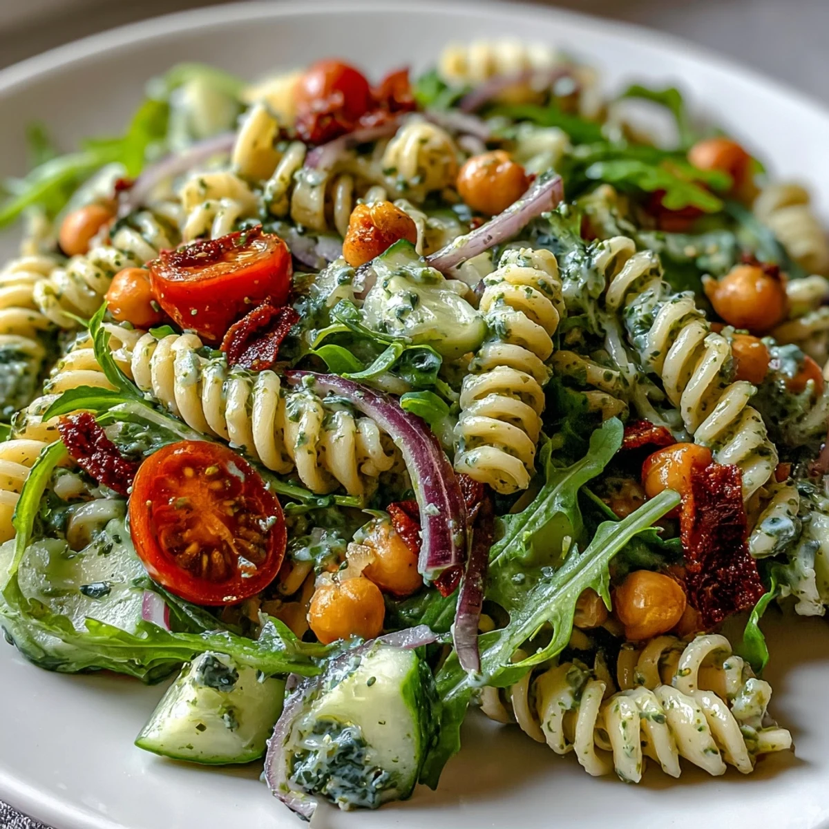 A bowl of Vegan Creamy Pesto Chickpea Pasta Salad with Arugula garnished with fresh basil.