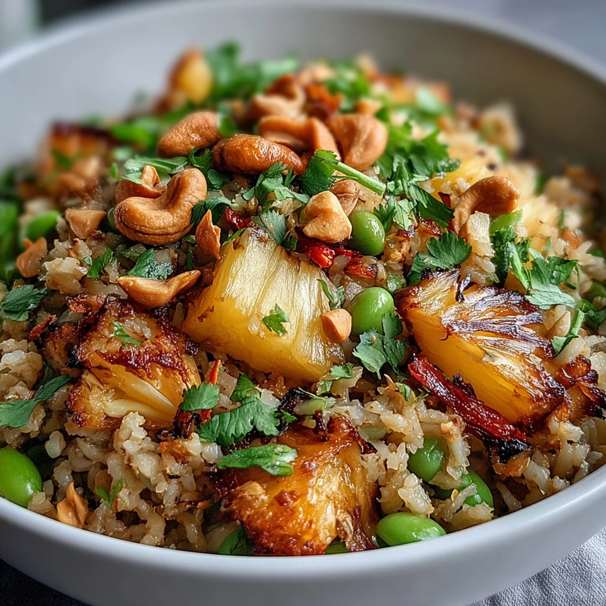 Bol coloré de Vegan Pineapple Fried Rice with Cauliflower and Edamame, garni de noix de cajou et de coriandre fraîche.