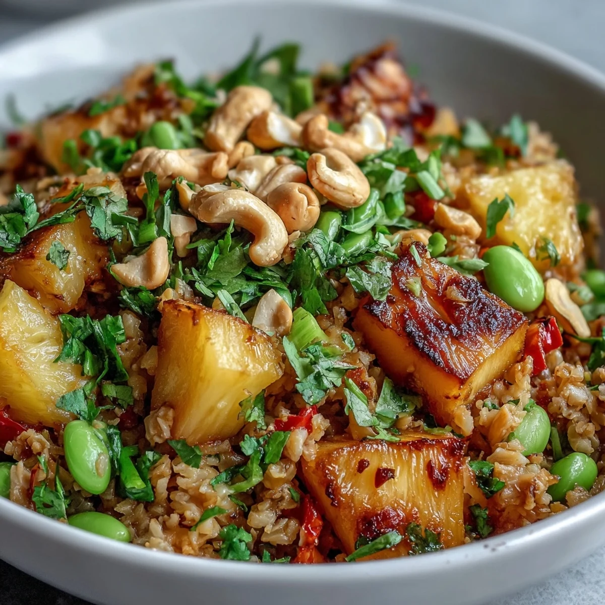 Vue savoureuse du Vegan Pineapple Fried Rice with Cauliflower and Edamame aux edamame et poivron rouge, encore fumante.
