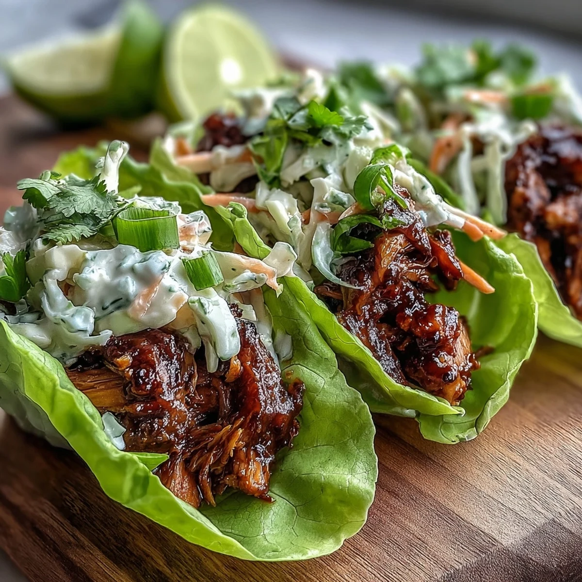 Fresh Vegan BBQ Jackfruit Lettuce Tacos served with lime wedges and cilantro for a zesty finish.
