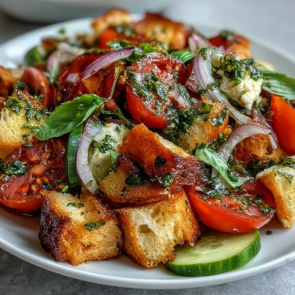 Recette facile de Panzanella au levain avec croûtons dorés, oignon rouge et vinaigrette à l'huile d'olive.