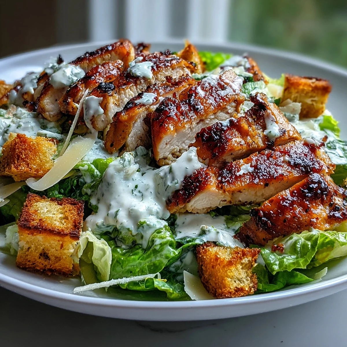 Poulet grillé juteux, croûtons croustillants et laitue romaine croquante sur une salade César au yaourt grec.