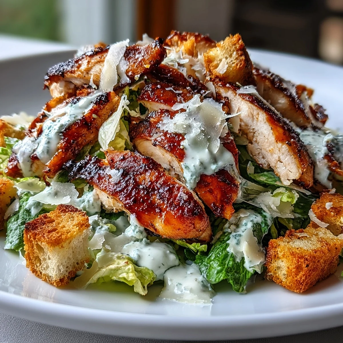 Salade César protéinée au poulet grillé et croûtons au levain, avec parmesan râpé et yaourt grec.