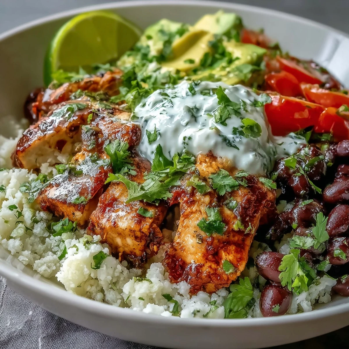 Bol de burrito au poulet à 400 calories avec riz de chou-fleur à la coriandre et citron vert, garni d'avocat.