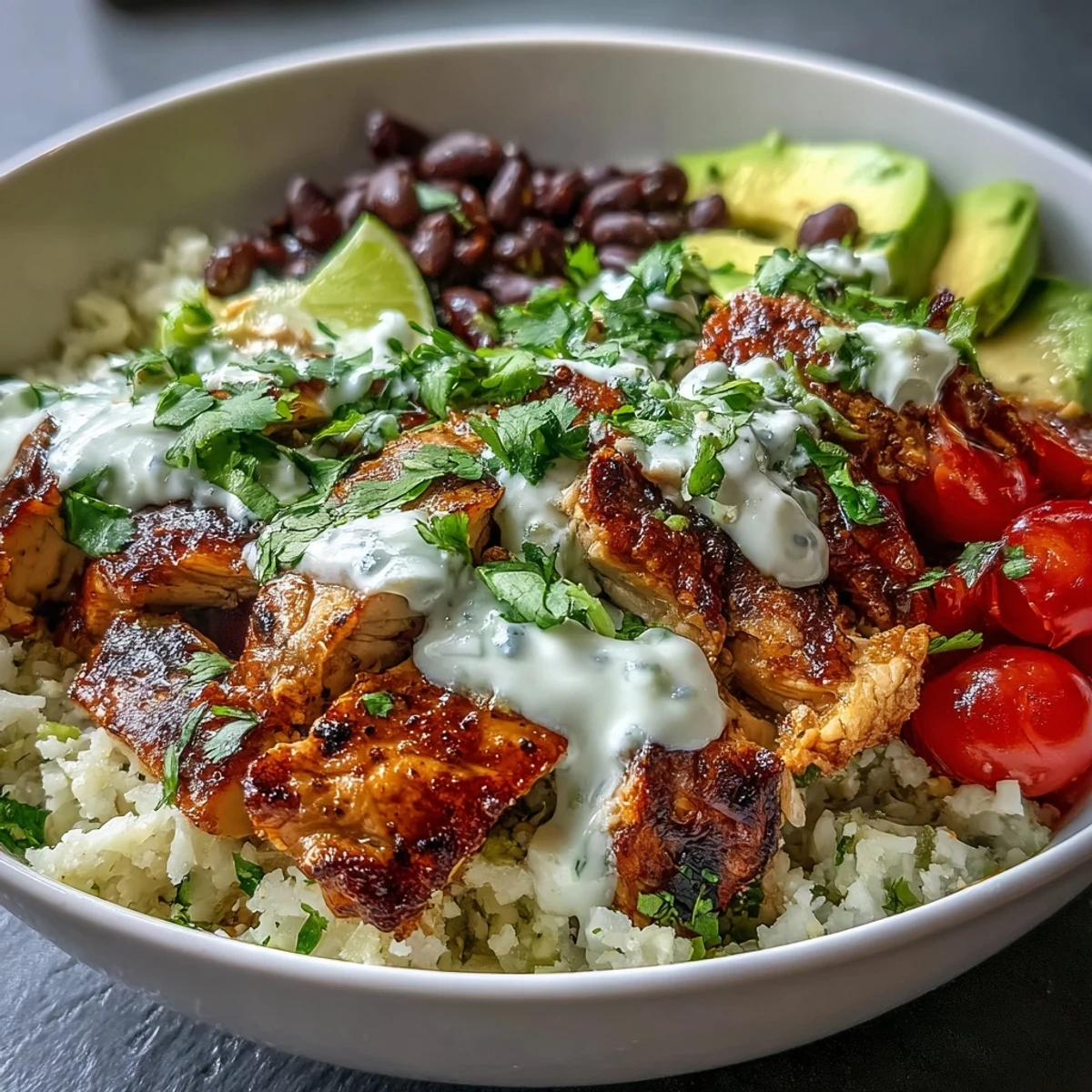 Riz de chou-fleur à la coriandre et citron vert pour un bol de burrito léger et savoureux garni de tomates cerises.