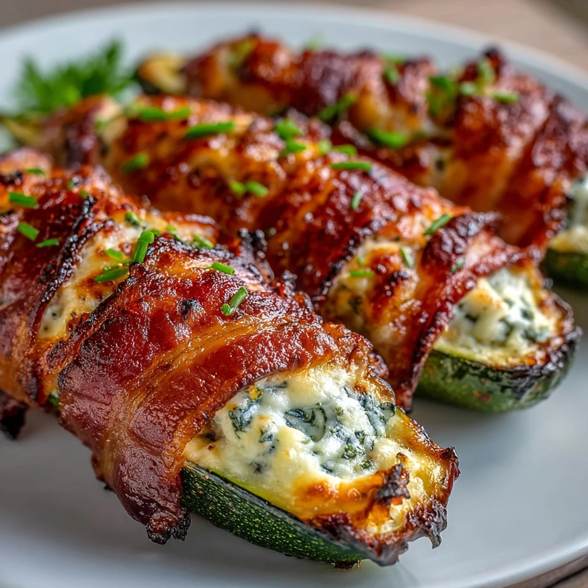 Keto Bacon-Wrapped Zucchini Boats with Cheesy Herb Filling garnished with fresh parsley on a rustic table.