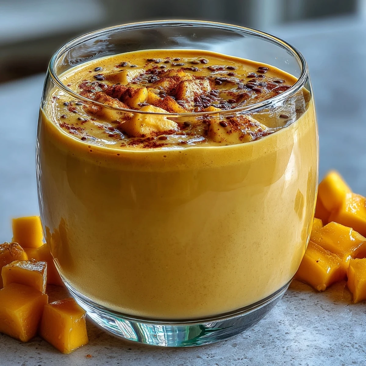 Un Vegan Mango Turmeric Golden Milk Smoothie frais et vibrant, avec du lait d'amande et une touche de gingembre épicé.
