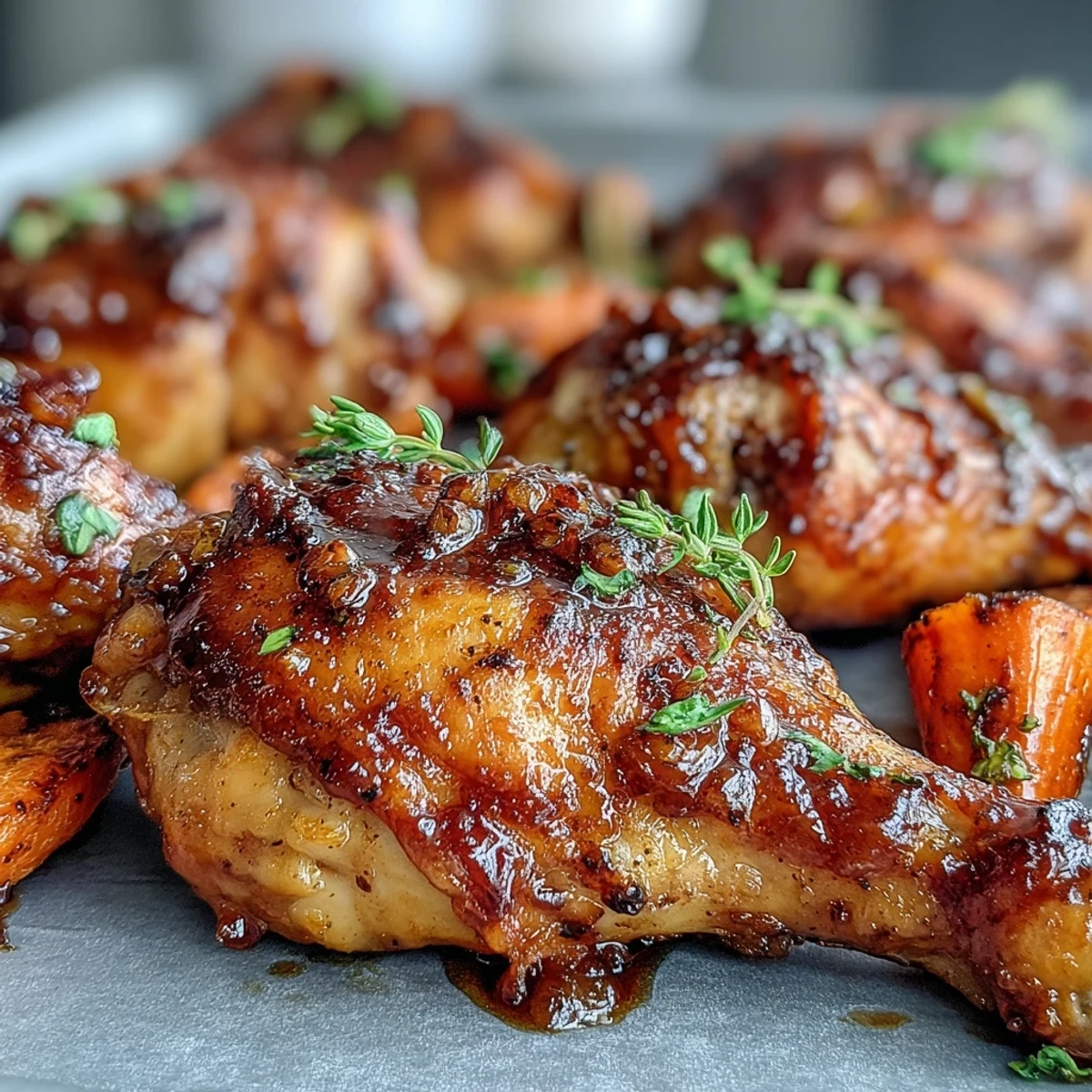 Crispy Sheet Pan Honey Garlic Chicken Drumsticks roasted alongside tender caramelized carrots. The sticky glaze glistens beautifully on the golden-brown skin.