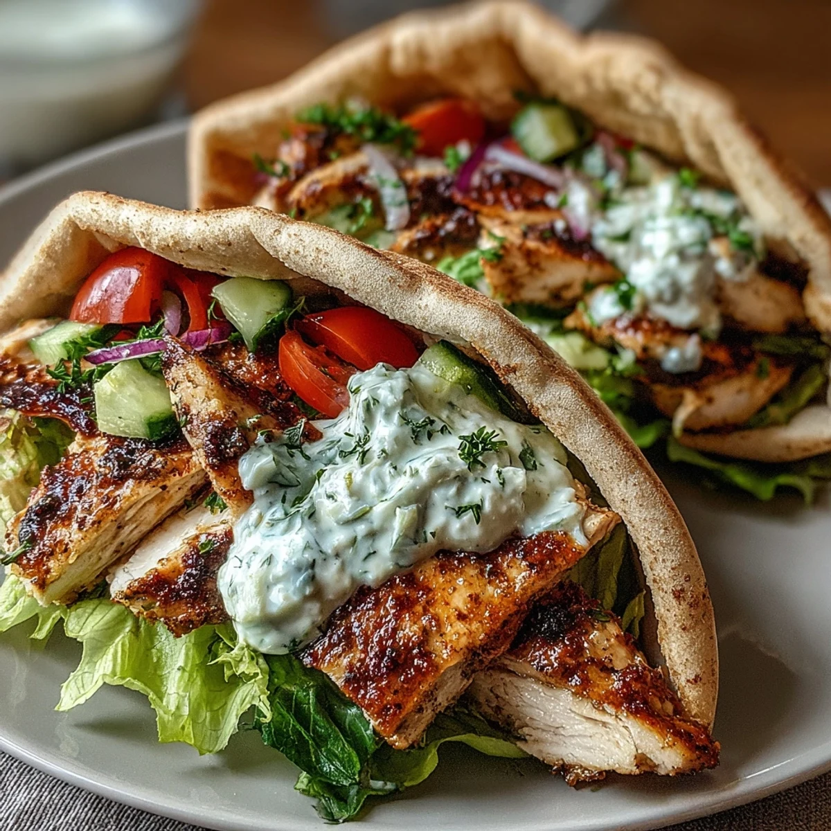 Une assiette grecque appétissante avec Light Greek Chicken Pita Pockets, salade de concombre et tomates et poulet tendre.
