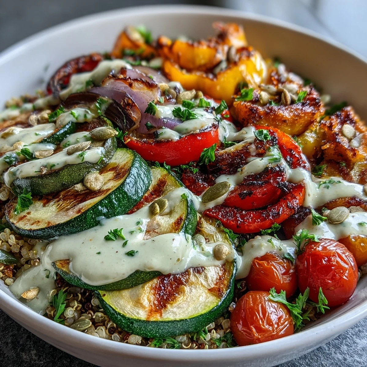 Savory Grilled Veggie and Quinoa Power Bowls with Tahini Drizzle topped with feta and pumpkin seeds on a rustic table.