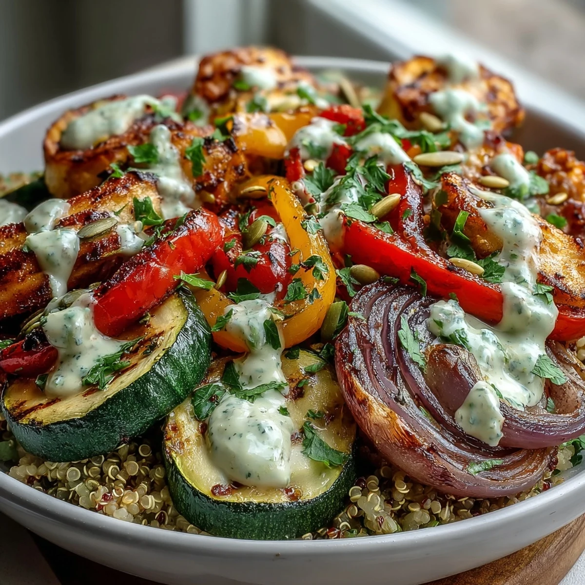 Colorful Grilled Veggie and Quinoa Power Bowls with Tahini Drizzle featuring charred zucchini and bell peppers for a Mediterranean meal.