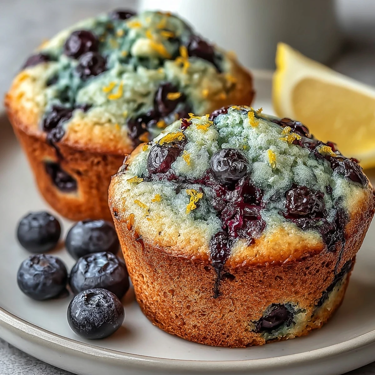 Des Vegan Blueberry Lemon Protein Muffins nappés d'un glaçage citronné, parfaits pour un petit-déjeuner sain ou une collation.