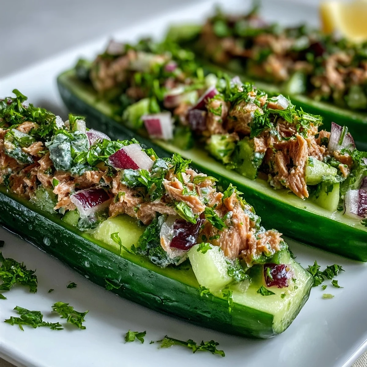 Healthy 10-Minute Tuna Avocado Cucumber Boats garnished with parsley, perfect for a low-carb snack.