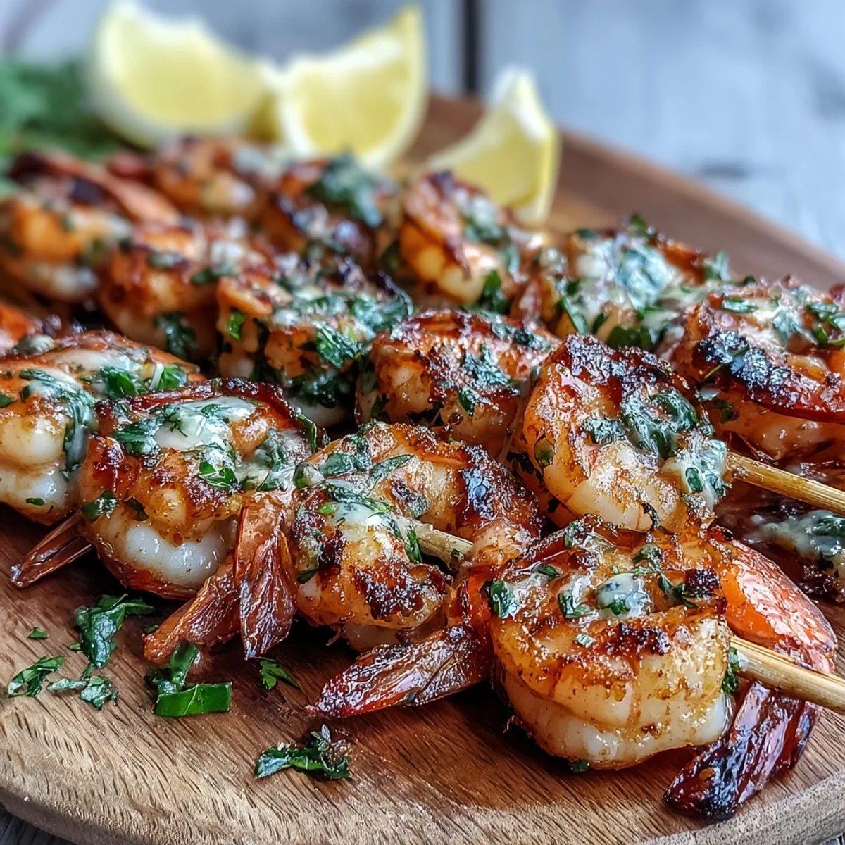 Des crevettes juteuses en brochettes Light Lemon Herb Grilled Shrimp Skewers, marinées au citron et aux herbes, prêtes à être dégustées avec une salade légère.