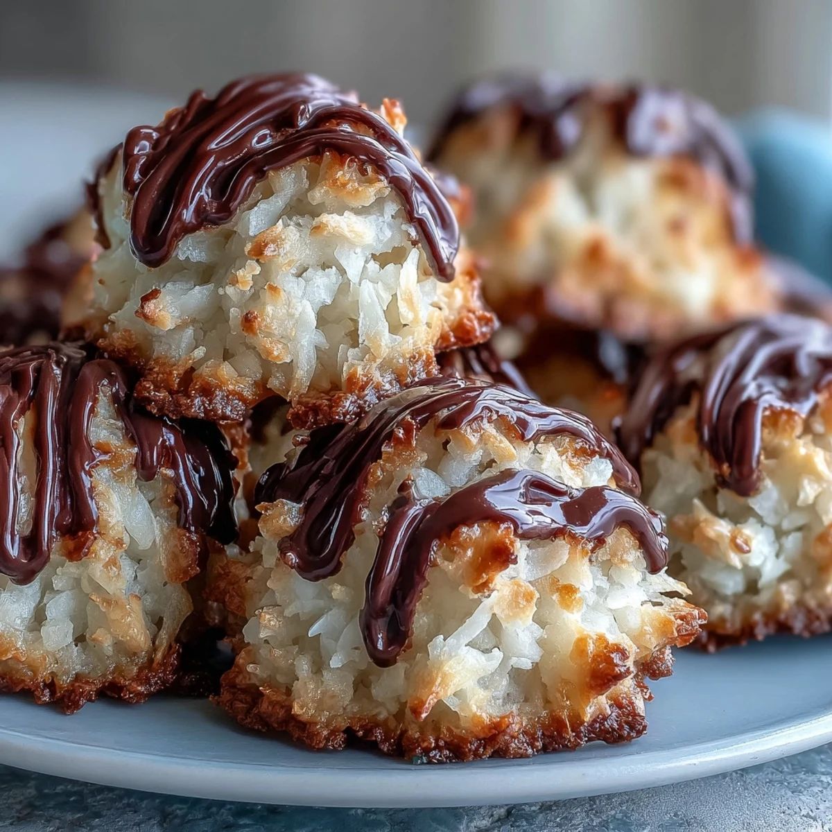 Freshly baked Vegan Coconut Macaroons with Dark Chocolate Drizzle paired with coffee on a cozy table.