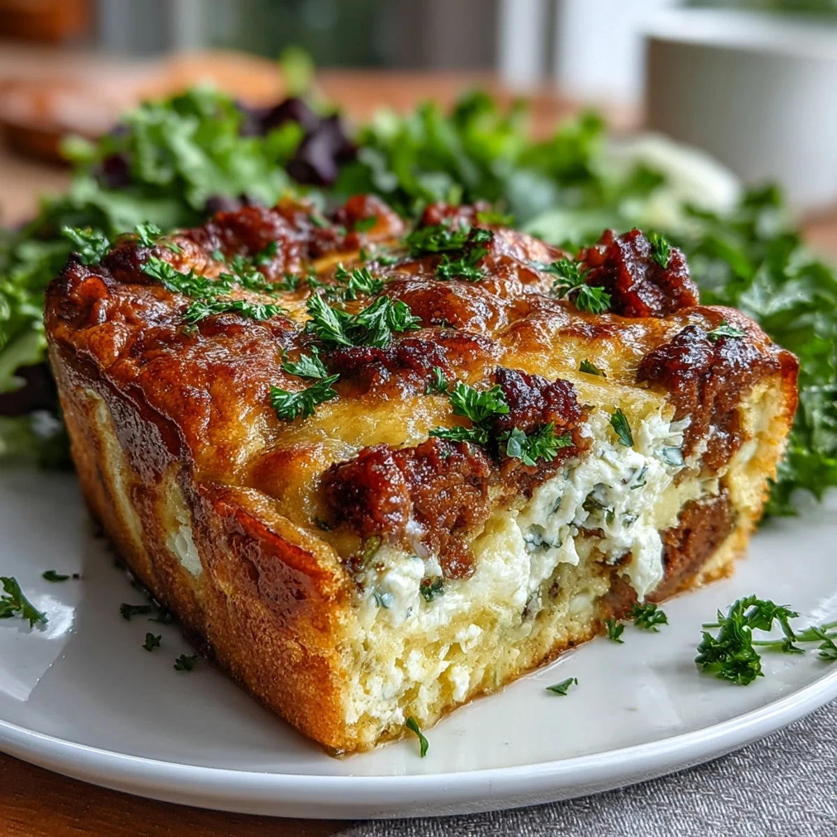 Belle vue sur le plat familial de Keto Sausage and Egg Breakfast Bake with Peppers avec poivrons colorés et persil frais