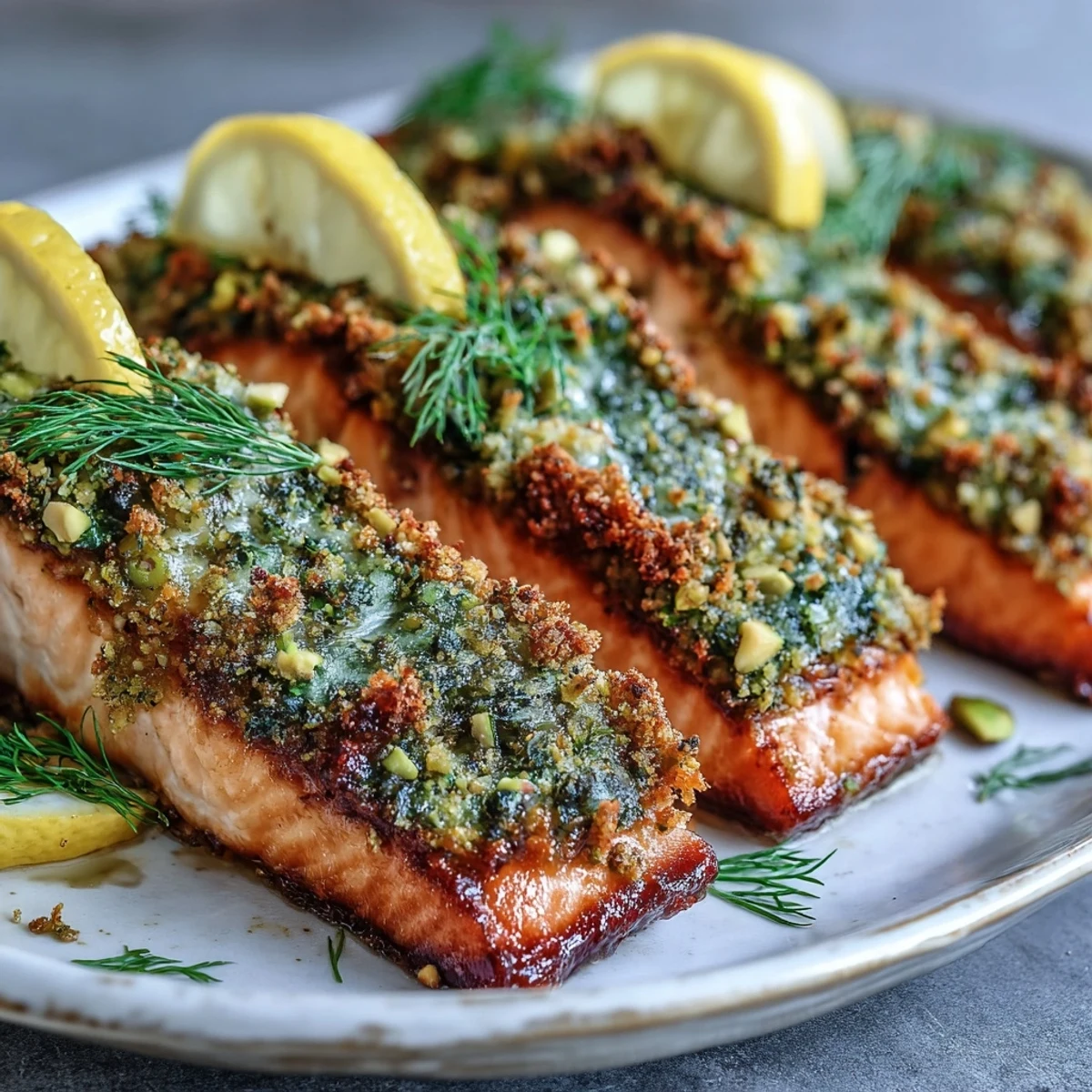 Délicieux saumon Pan-Seared à la croûte de pistaches, offrant un contraste savoureux entre le poisson fondant et le garniture croustillante.