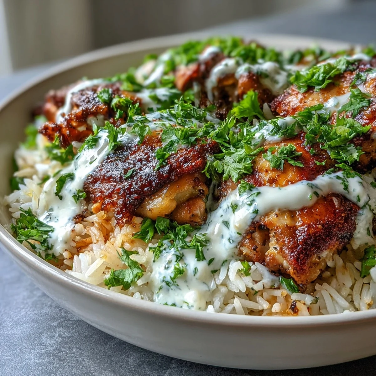 Poulet shawarma juteux et riz parfumé cuit ensemble dans une seule casserole, servi avec une sauce crémeuse au citron.  