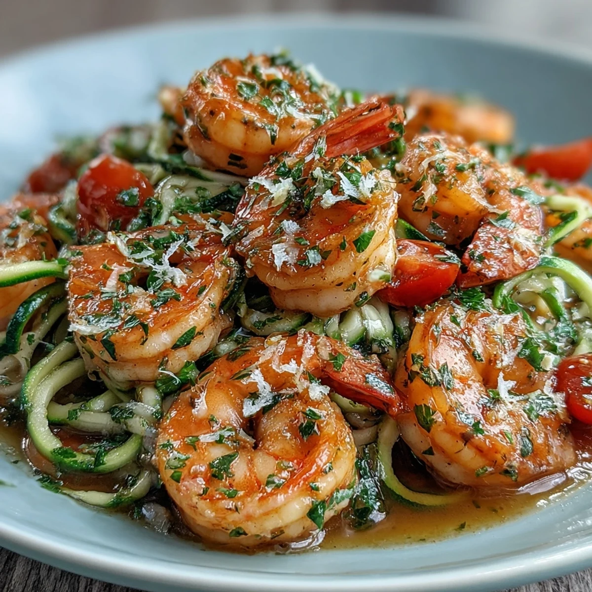 Nouilles de courgettes fraîches sautées avec crevettes et sauce au citron, plat léger et faible en glucides.  