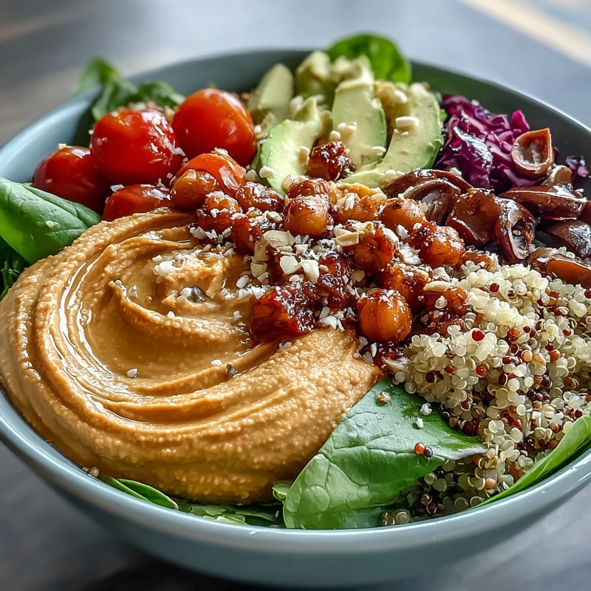 2. Nourishing plant-based bowl featuring smoky hummus, crisp cucumbers, cherry tomatoes, and avocado slices on fluffy quinoa.  