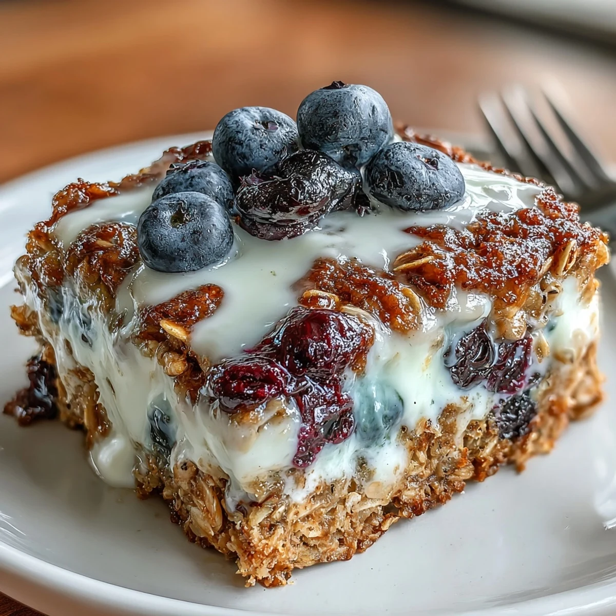 Plat de petit-déjeuner aux myrtilles et flocons d'avoine avec tourbillon de yaourt grec, parsemé de noix, dans un plat de cuisson carré.