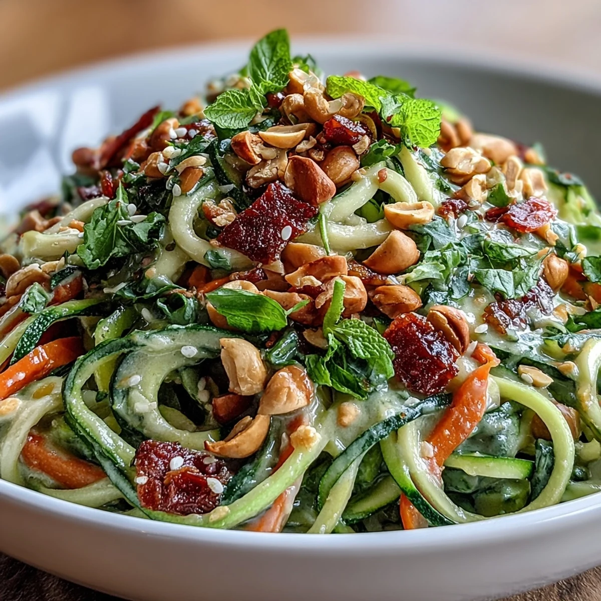 Salade de nouilles de courgettes au beurre de cacahuète thaï avec rubans de légumes croquants : un plat vibrant et rafraîchissant, parfait pour un déjeuner léger ou un accompagnement estival.  