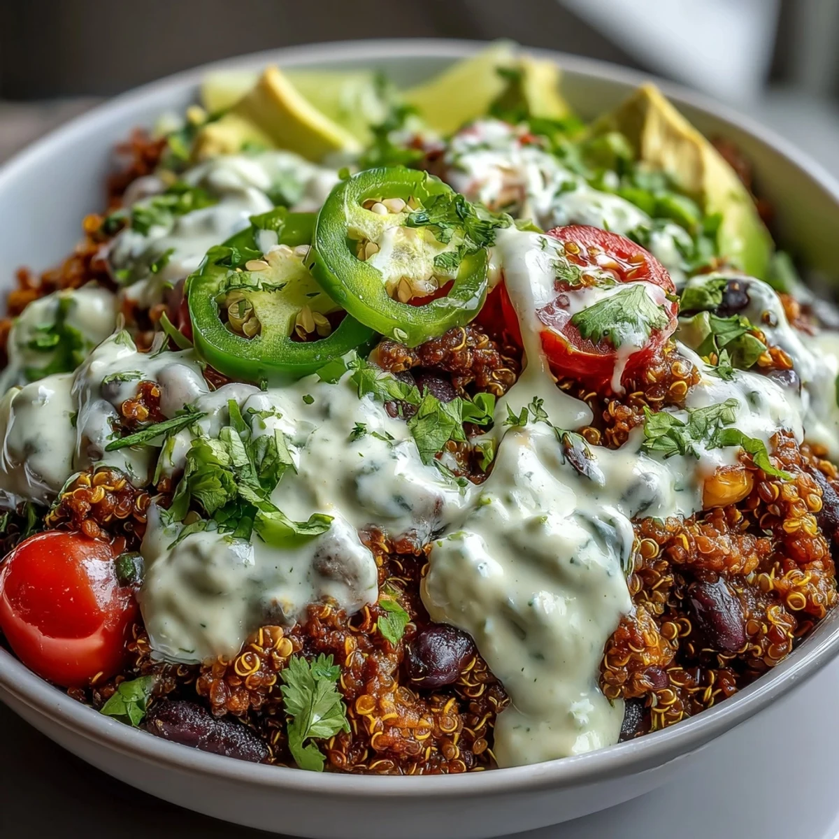 Bol de quinoa et lentilles façon tacos avec crème d'avocat et citron vert, un repas végétalien coloré et nourrissant.
