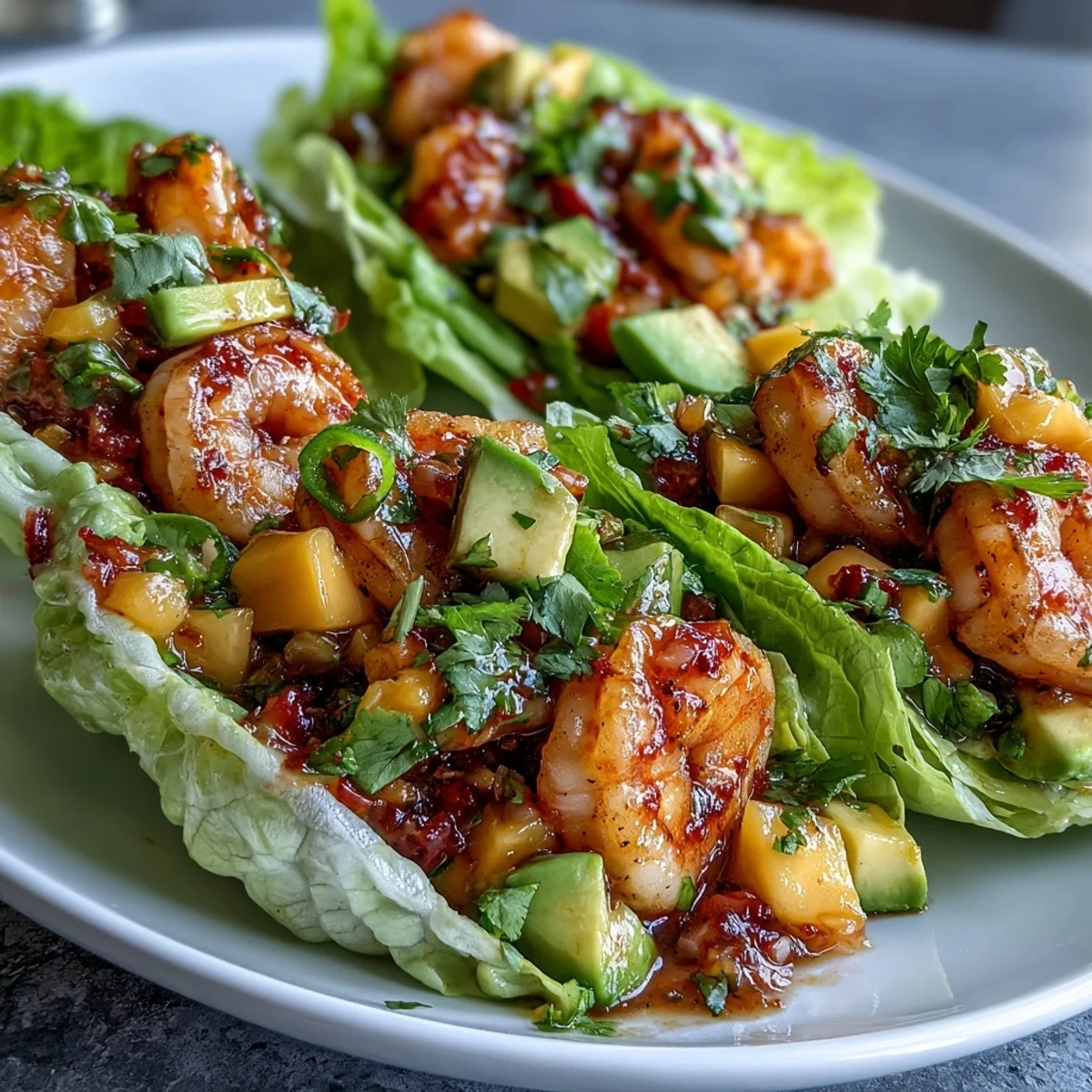 Crevettes juteuses nappées d'une salsa de mangue vibrante, présentées dans des feuilles de laitue pour un repas léger et rafraîchissant.