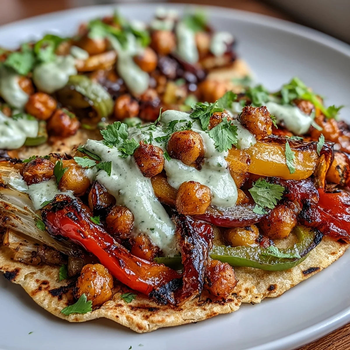 Des fajitas végétariennes colorées au four avec pois chiches, poivrons et courgettes, arrosées d'une sauce crémeuse à l'avocat et yaourt.