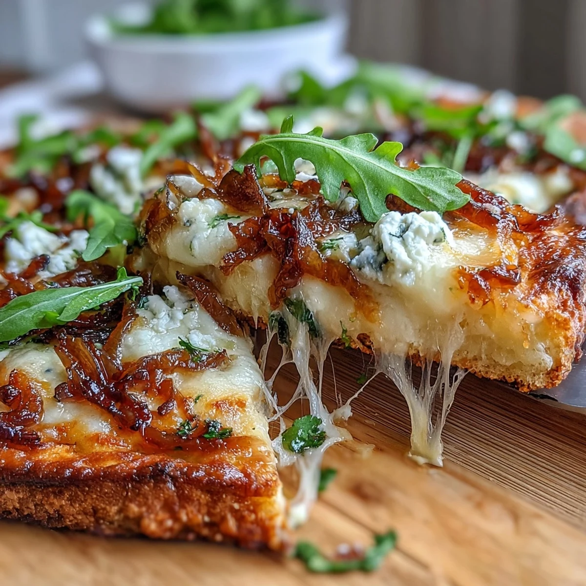 Une pizza flatbread dorée et croustillante recouverte d'oignons caramélisés, de mozzarella fondante, de chèvre émietté et d'arugula poivrée, arrosée d'une réduction balsamique riche et savoureuse.