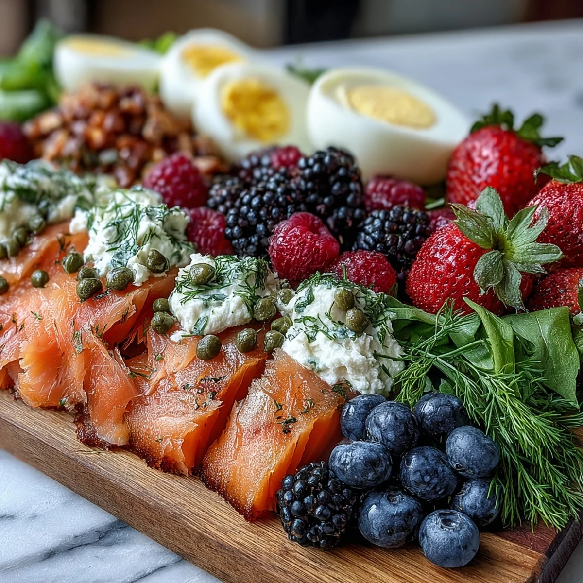 Planche brunch Galentine avec bagels, lox et baies : présentation élégante de bagels variés, lox soyeux, baies juteuses et accompagnements frais, idéale pour célébrer l'amitié.
