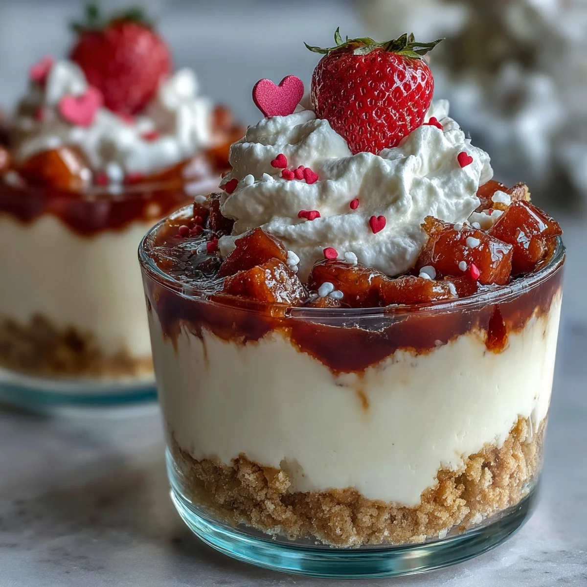 Verres de cheesecake aux fraises pour la Saint-Valentin avec des couches crémeuses et des fraises fraîches.