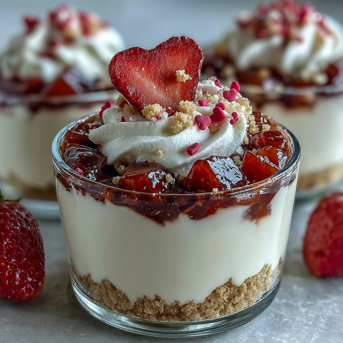 Dessert romantique en verrines : cheesecake onctueux, fraises juteuses et croûte de biscuits Graham.