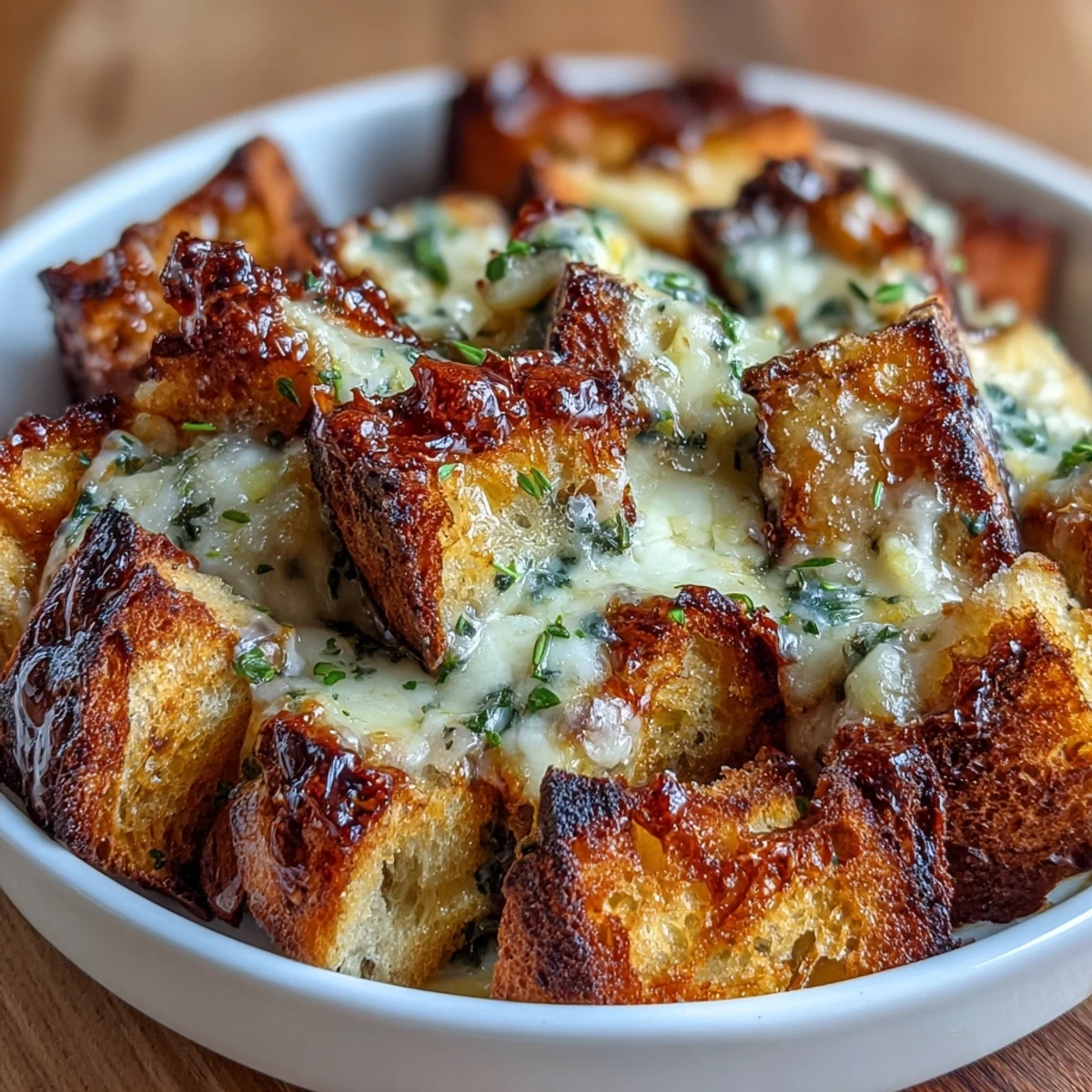 Croûtons de pain au levain dorés et croustillants, parfaits pour garnir une soupe à l'oignon française.