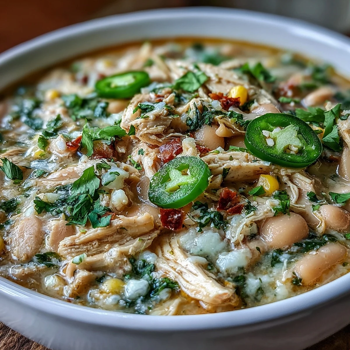 Un bol de chili blanc au poulet, garni de coriandre fraîche et d'avocat, servi avec des quartiers de lime.