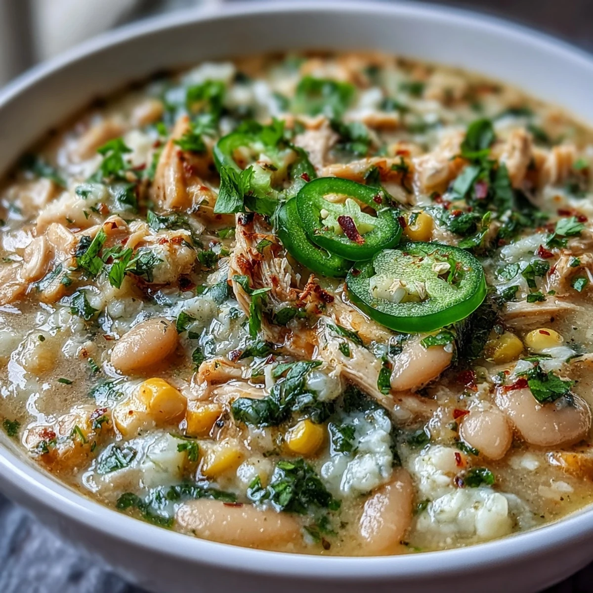 Pot fumant de chili blanc au poulet, riche en haricots blancs crémeux et morceaux de poulet tendre.