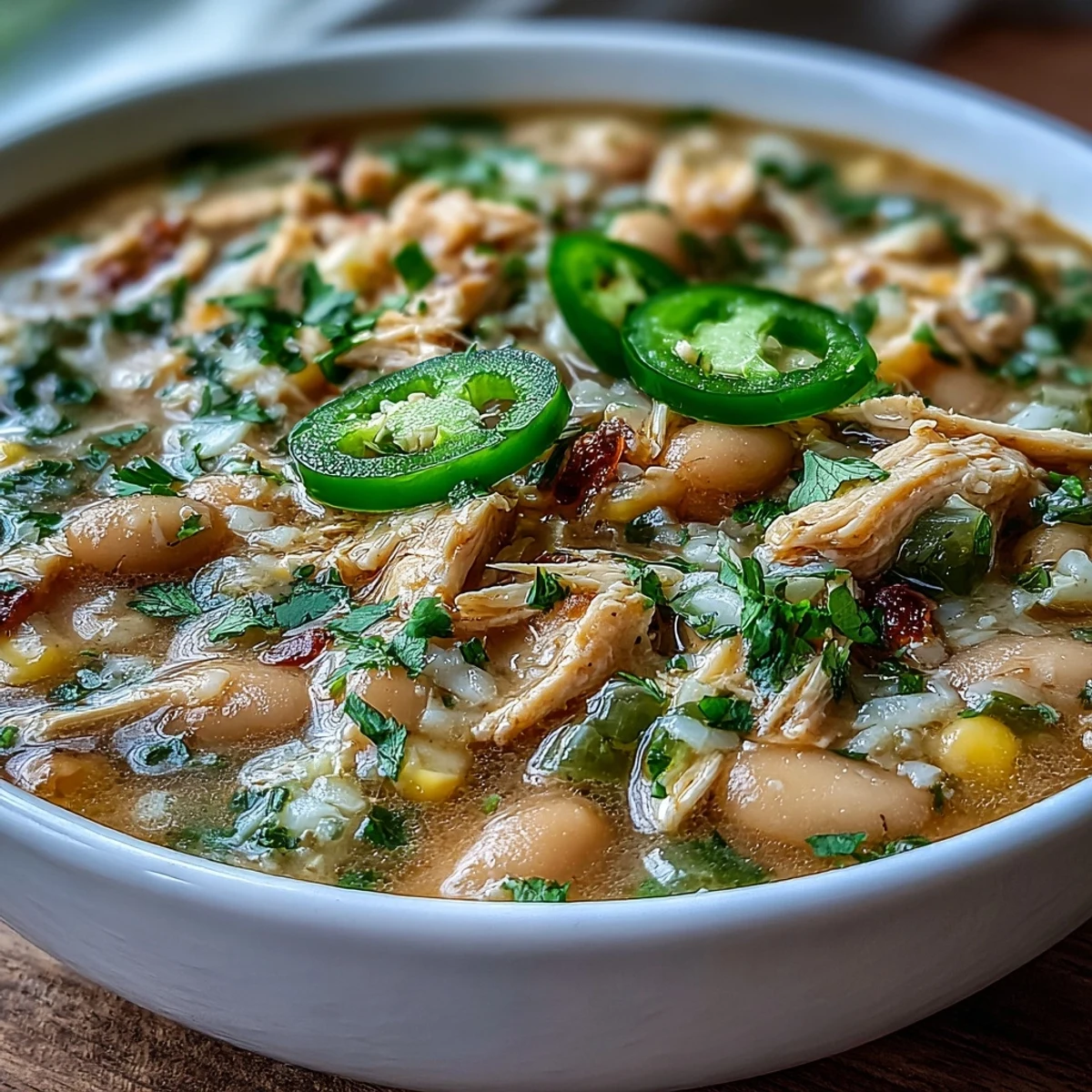 Servir le chili blanc au poulet dans des bols avec des garnitures de crème sure et de fromage râpé.