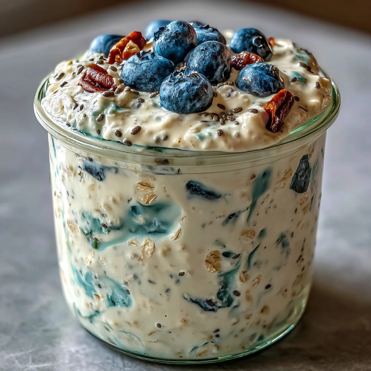 Bol d'avoine du soir parfumé au citron et aux myrtilles, décoré de noix grillées et d'un filet de sirop d'érable.