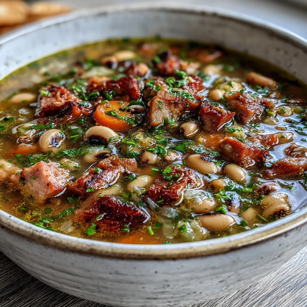 Potage copieux aux pois chiches et jambon fumé, parfait pour le réveillon du Nouvel An, avec des légumes tendres et des herbes aromatiques.  