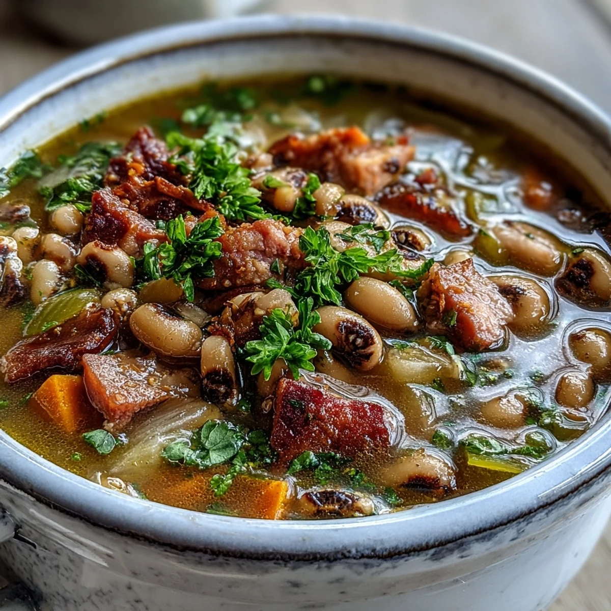 Potage réconfortant aux pois chiches et jambon, mijoté lentement pour une texture crémeuse et un goût riche et fumé.  