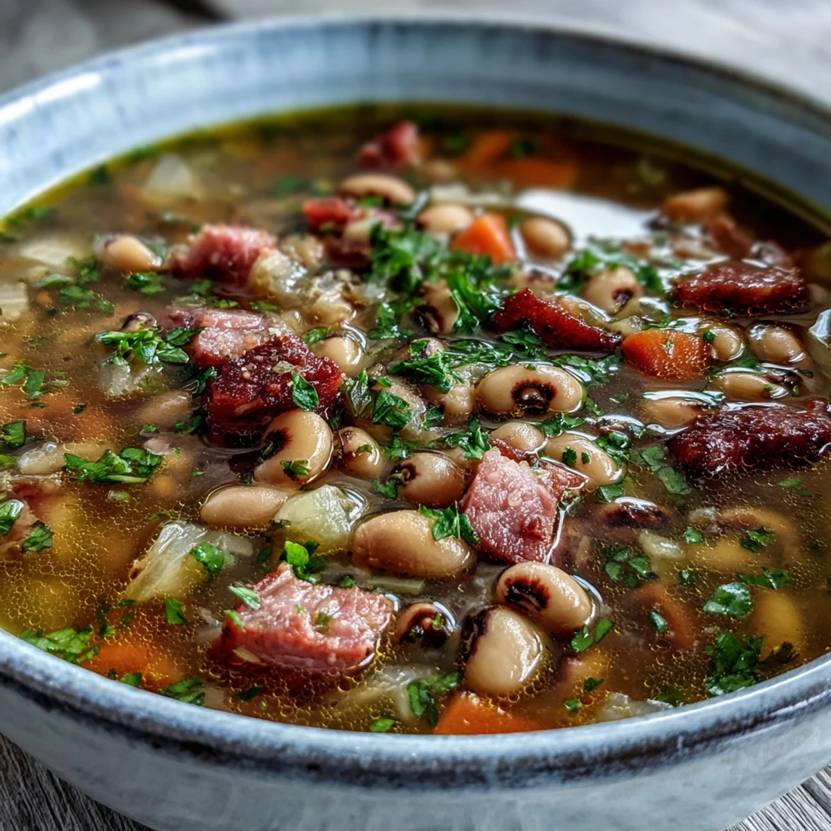 Potage traditionnel du Sud aux pois chiches et jambon, servi chaud avec une garniture de persil frais et des légumes croquants.