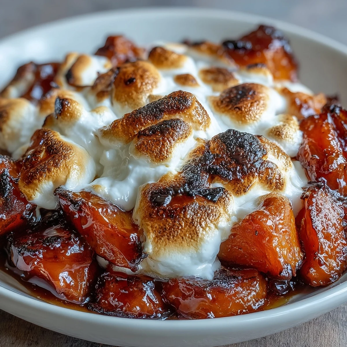 Un plat de patates douces caramélisées dorées au four, nappées de sirop d'érable et surmontées de guimauves fondantes.