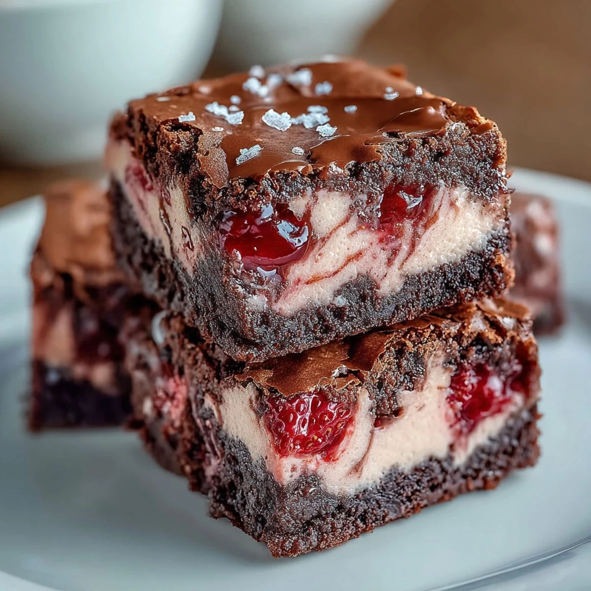 Délicieux brownies au chocolat avec une couche de cheesecake aux fraises, parfaits pour les desserts de la Saint-Valentin.