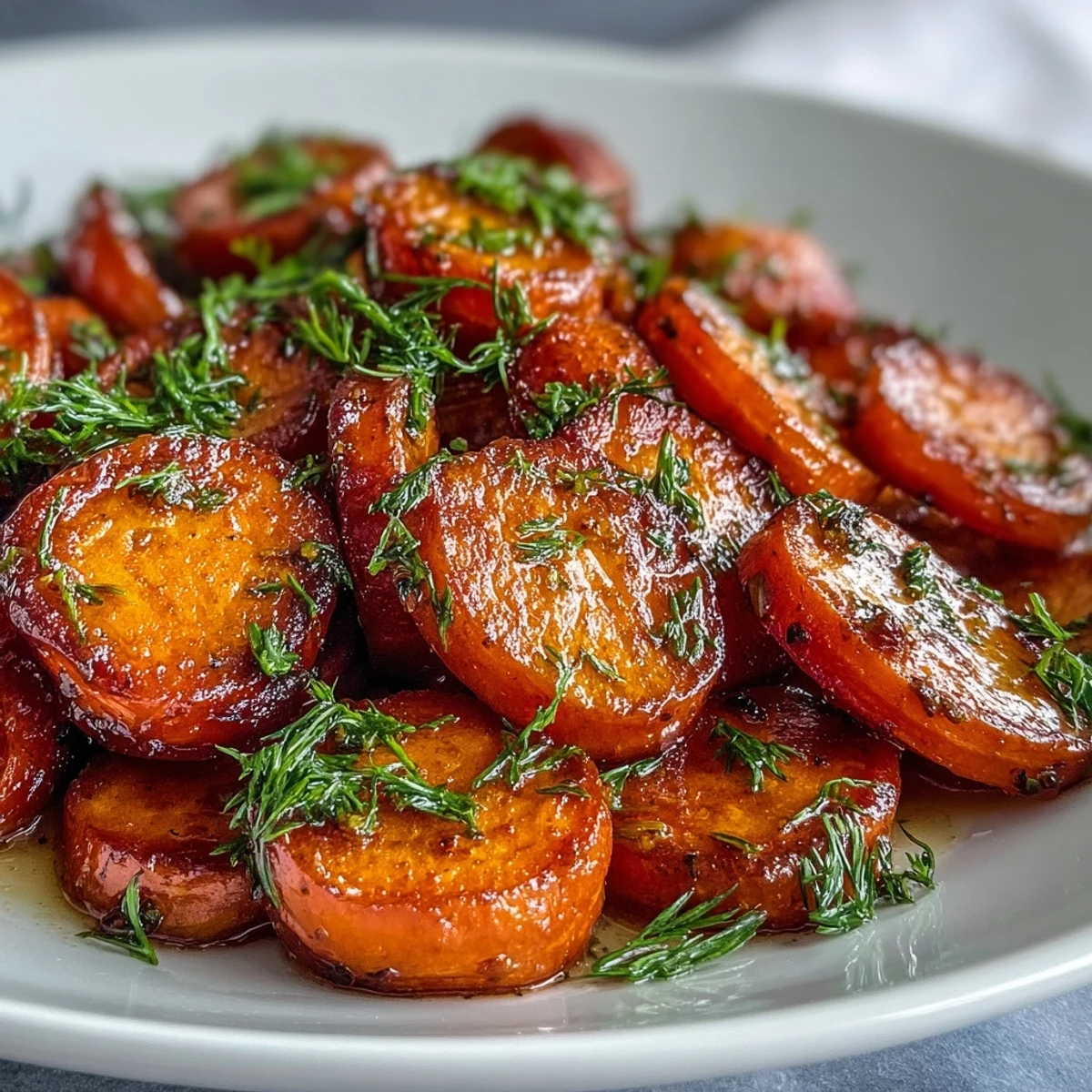 Plat d'accompagnement vibrant de carottes glacées à l'orange et au miel, relevé d'aneth aromatique.