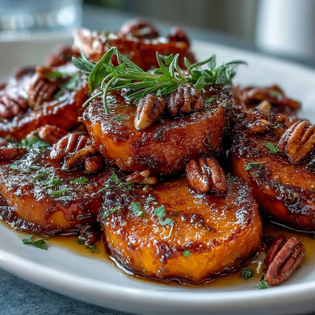 Des rondelles d'igname caramélisées au four, recouvertes d'un mélange sucré à la cannelle et parsemées de pacanes grillées pour un contraste de textures.