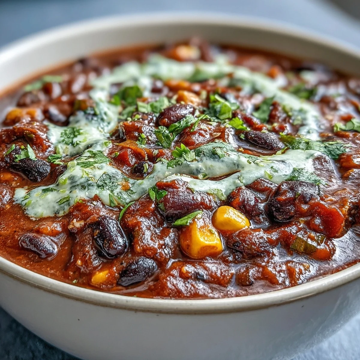 Un chili végétarien copieux aux haricots noirs, maïs sucré et épices audacieuses, garni d'une crème sure à la lime.  