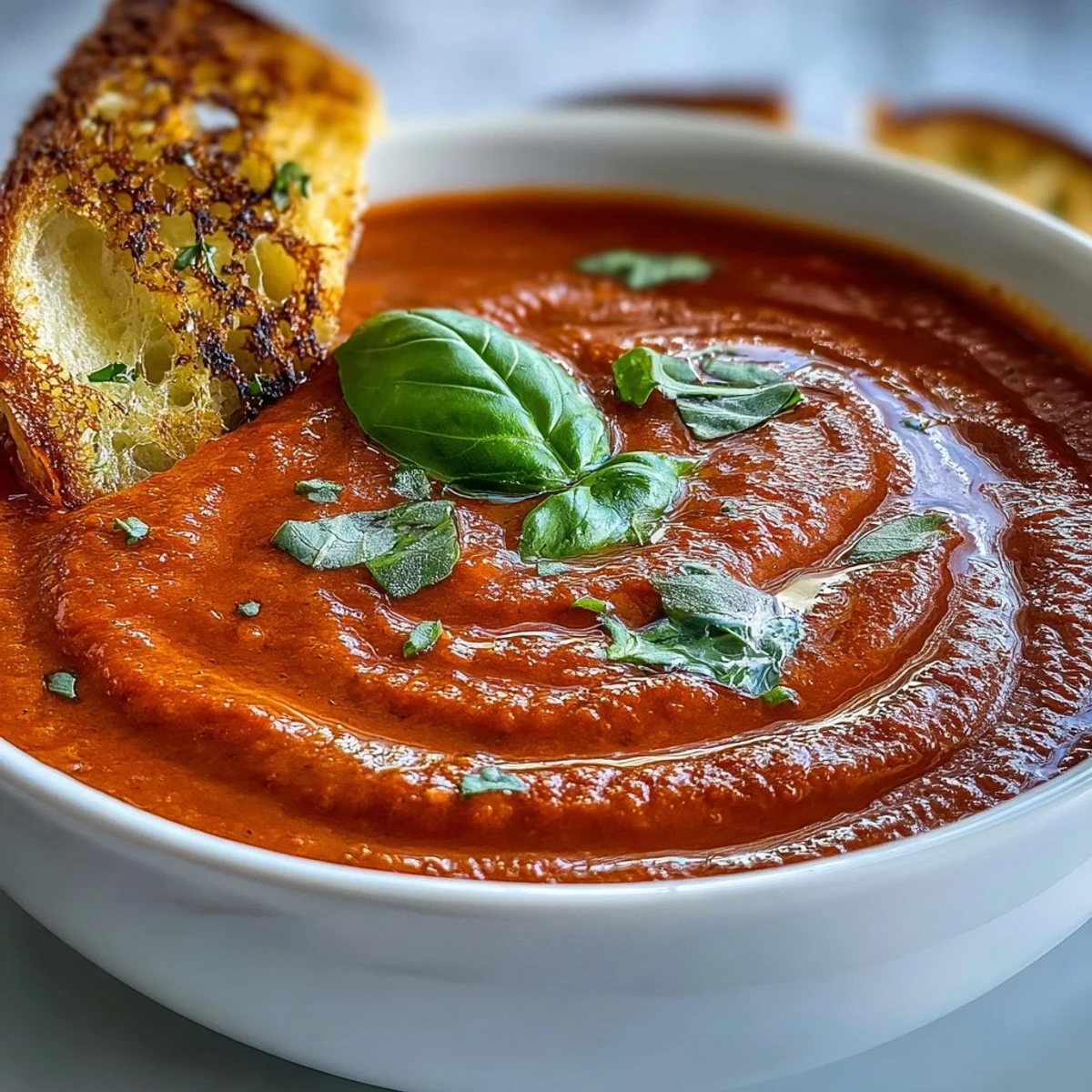 1. Velvety tomato basil soup with fresh herbs served in a white bowl alongside golden sourdough bread dippers for dipping.  
