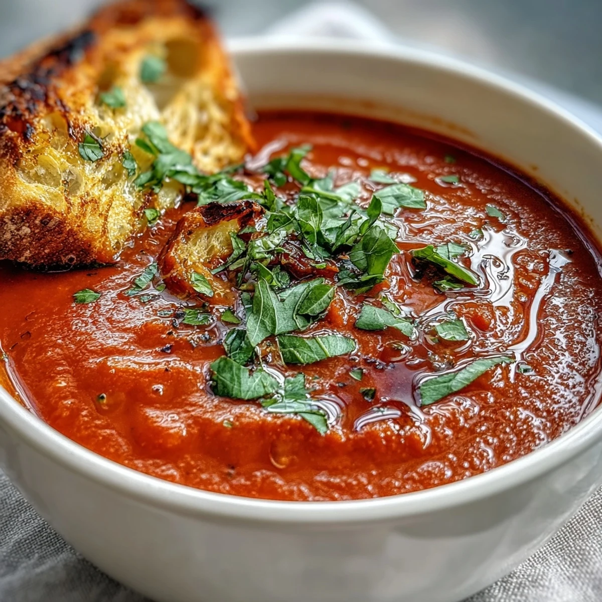 Bol fumant de soupe de poivrons rouges rôtis et de haricots blancs, accompagné de pain croustillant et de feuilles de persil hachées.