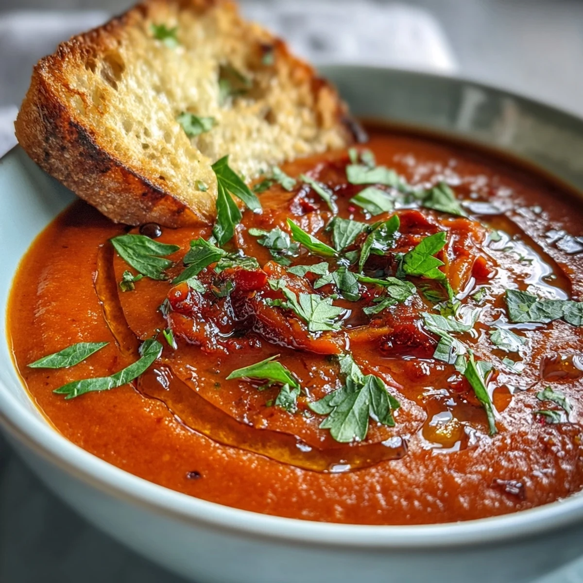 Potage onctueux de poivrons rouges rôtis et de haricots blancs, garni d'huile d'olive et de persil, parfait pour un repas réconfortant.